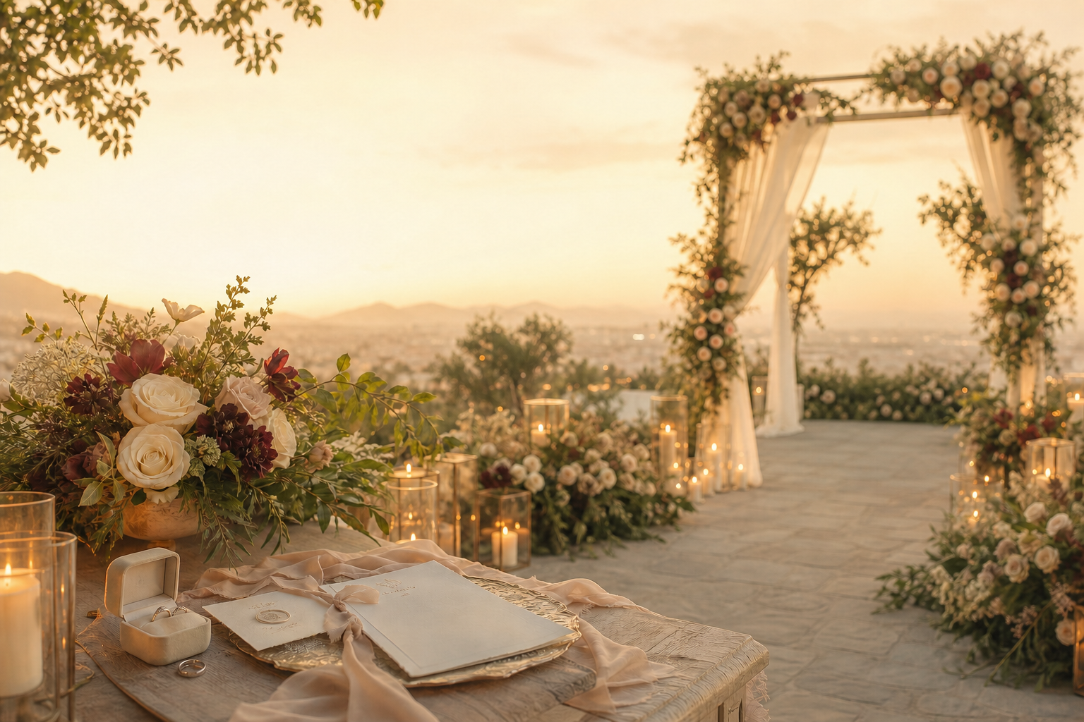 Decoracao de casamento ao por do sol sem pessoas ao fundo.